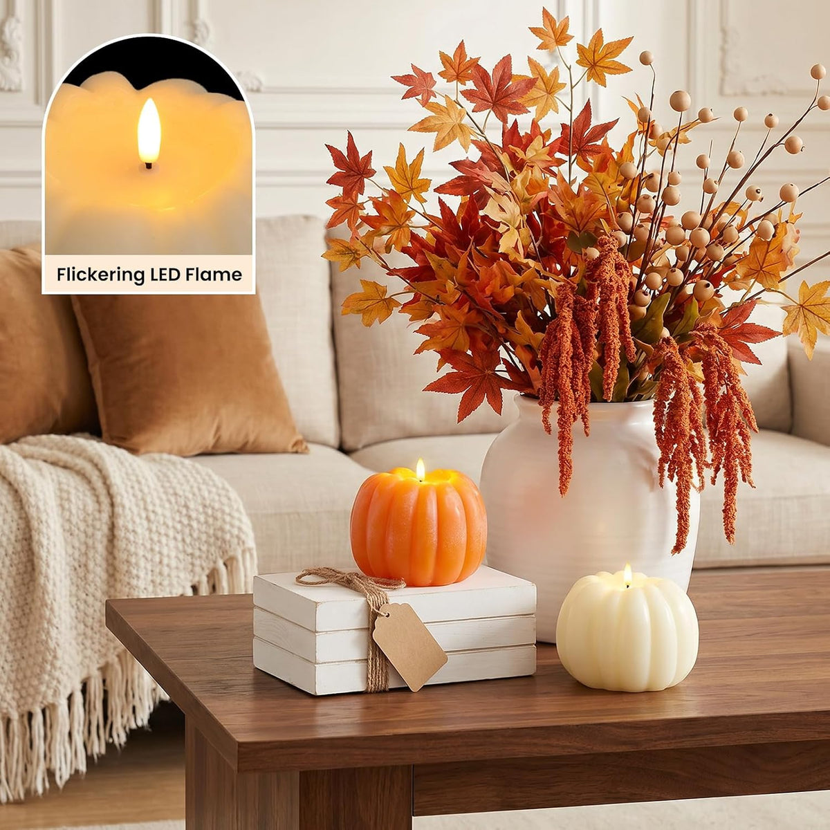 Fall Decorations for Home, Flameless Pumpkin Candle, Orange, White, 2Pack | Fall Decor for Thanksgiving, Halloween, Farmhouse, Table, Room, Kitchen, Wax, Remote, Timer, Battery Operated, 5.3"D, 5.1"H