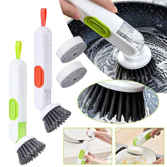 Long-Handle Dish Cleaning Brush with Liquid Dispenser – Multi-Functional Washing Up Brush with 2 Replacement Heads