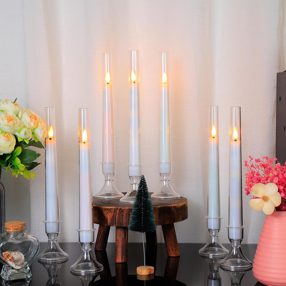 12PC Flameless Taper Candles - LED Candles, Flickering Design with Base, Perfect for Home, Windows，Decoration，Weddings, Parties (White)