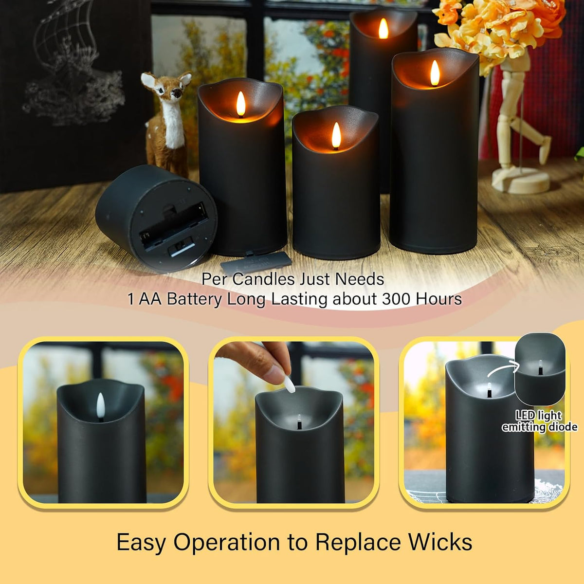 Flameless Candles with Remote, Battery Operated Flickering Flameless Candles, LED Candles with Timer 2/4/6/8H, with Realistic LED Candles Set of 24 (D3 X H 3" 4" 5") (Black)