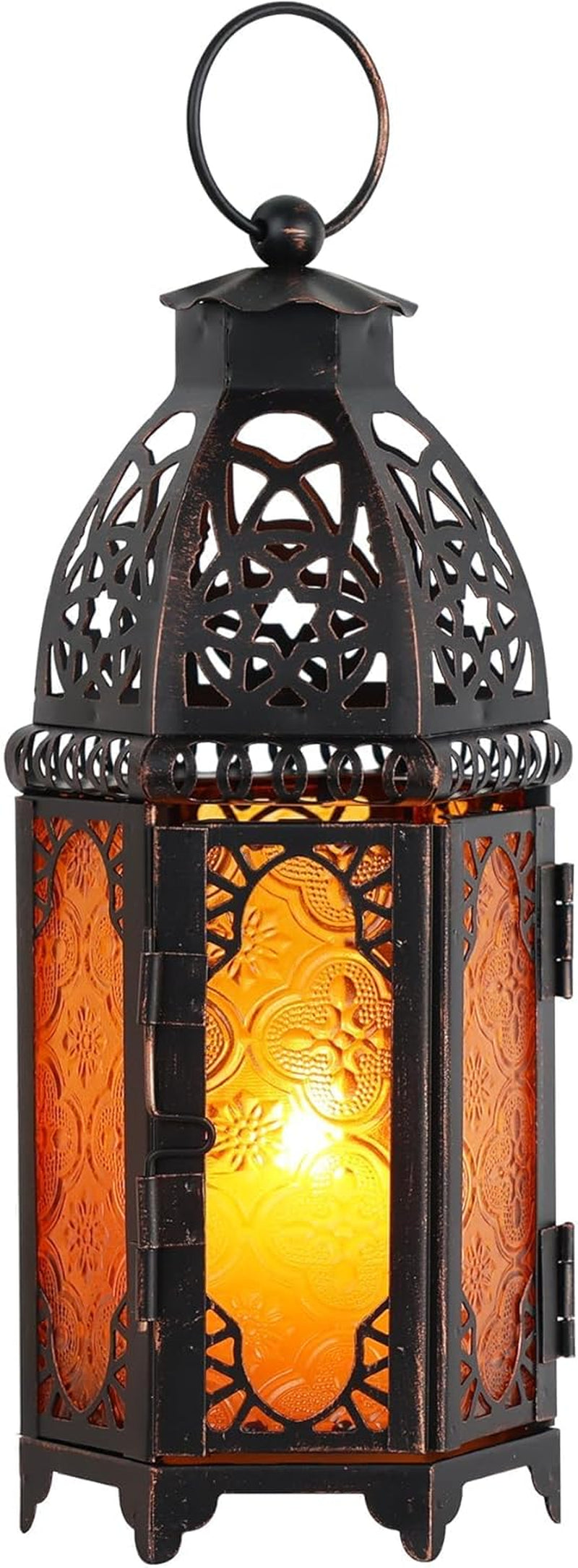 Ramadan Lanterns Decorative Indoor & Outdoor, 11’’ Medium Size Vintage Metal Hanging&Tabletop Candle Holder Decor, Halloween Christmas Moroccan Decorations for Home Porch Patio (Amber)