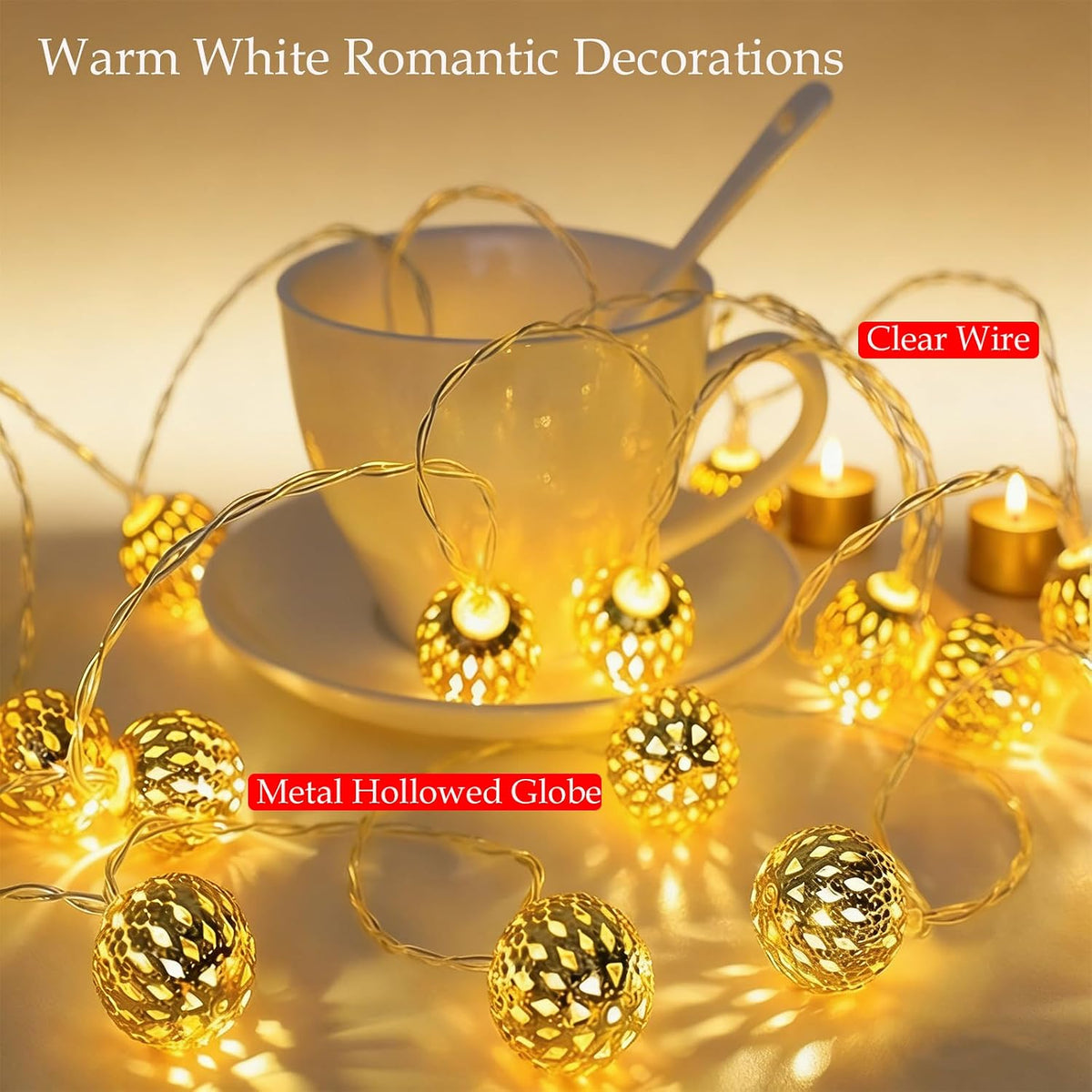 Usb & Battery Lighting 20 LED Fairy Gold Lantern Lights String Diwali Decor | Globe Moroccan Lamp, Decorative Romantic Warm White 9.8Ft Boho Night Light String for Bedroom, Christmas, Birthday Party