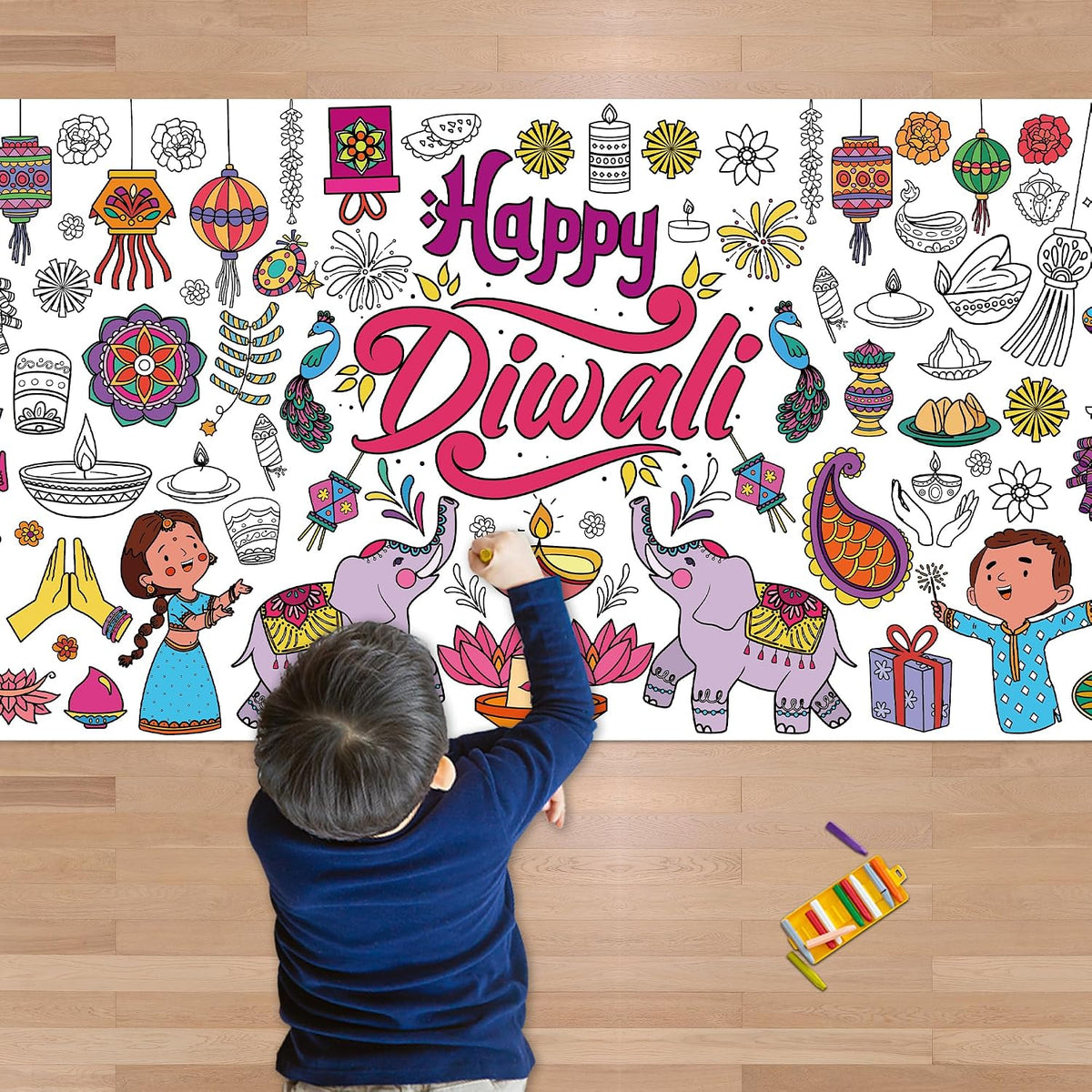 Diwali Giant Coloring Poster/Tablecloth - Diwali Decorations for Home - 30 X 72 Inches Jumbo Coloring Banner Kids Crafts Activities Decor Party Decorations | Diwali Gifts
