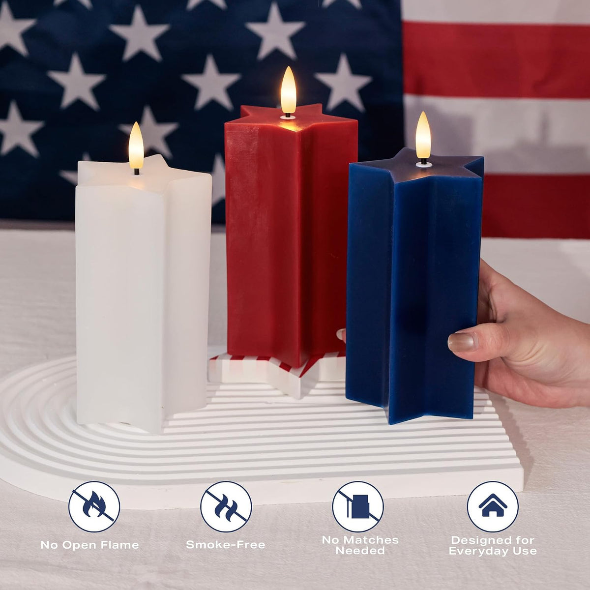 4Th of July Flameless Candles with Remote, Red White and Blue LED Candles | Battery Operated Patriotic Decorative Candles, Star Shaped, Real Wax, for Independence Day Home Party Decor, Set of 3