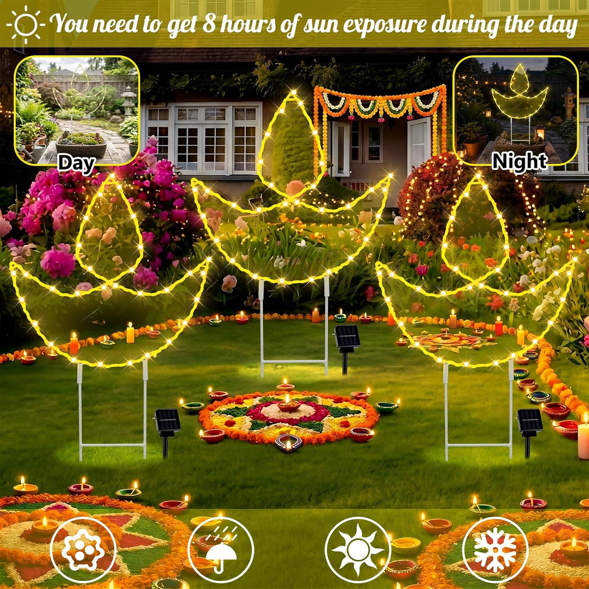3 Pcs Indian Diwali Diya Solar Lights Outdoor 12.7 Inch Diwali Diya Lighted Yard Stakes Waterproof Solar Lamps for Hindu Deepavali Party Decorations 6–8 Hour Runtime