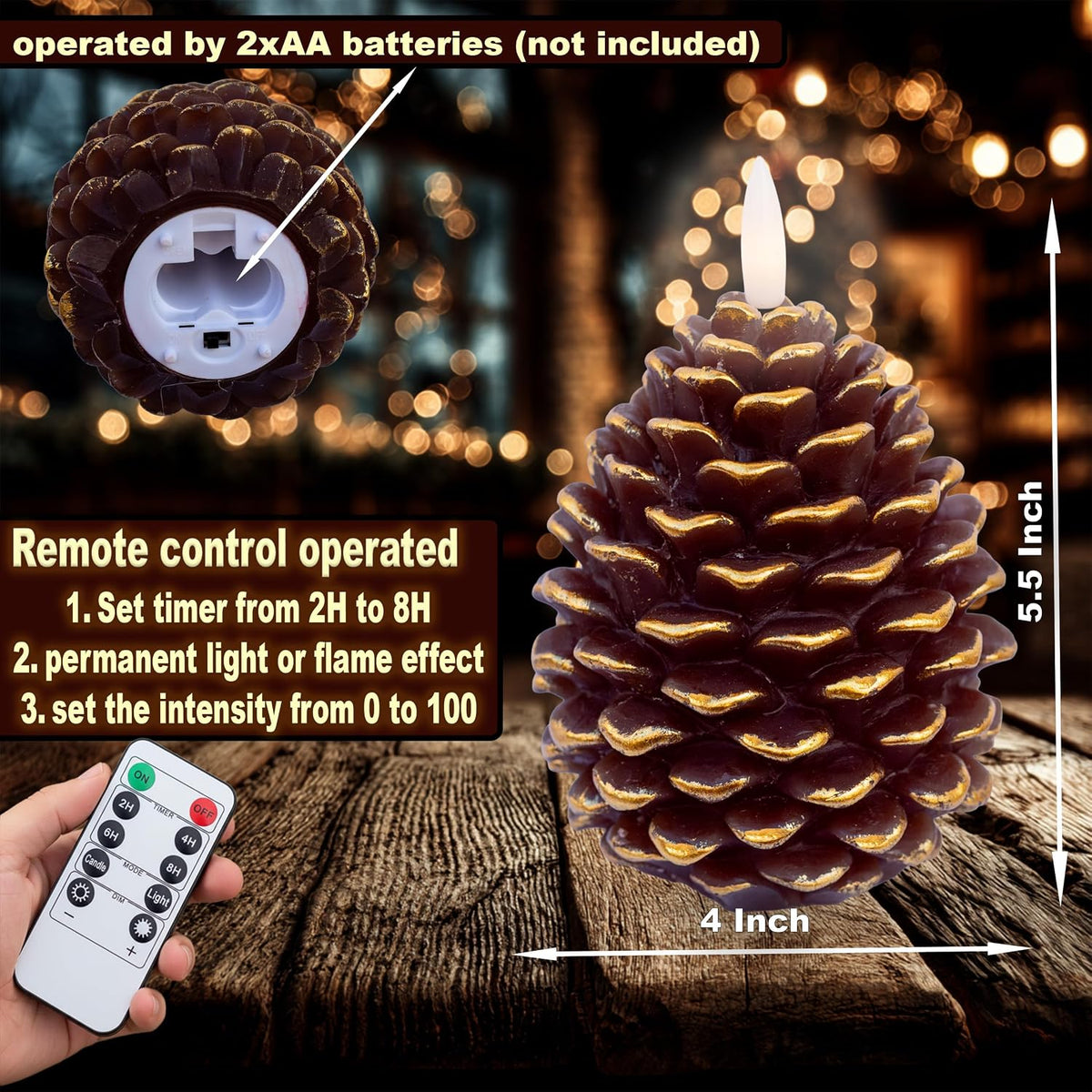 Pine Cone Candles, 2 Pack Flameless LED Wax Timer (Golden Brown) | Flameless LED Pine Cone Candles with Remote & Timer – Real Wax, Flickering Flame, Christmas & Fall Decor