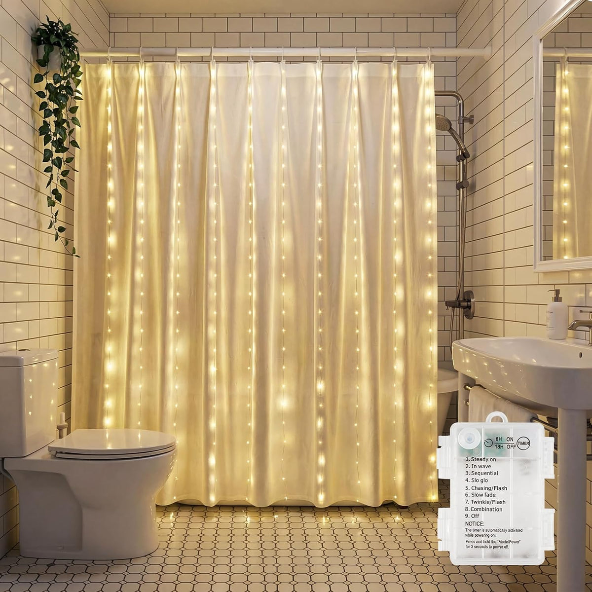 180 LED Shower Curtain Lights, 70 Inch Warm White IP65 Waterproof | 8 Modes Warm White Battery Operated Fairy String Lights for Bathroom Spa Mood Lighting for Dark Bathrooms and Outdoor Decor