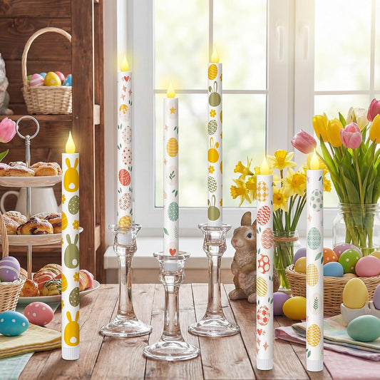 6 Pcs Easter Flameless Taper Candles 10.6 Inch Colorful Egg Bunny Candles Battery Operated LED Candlesticks for Easter Dinner Table Home Party Decor