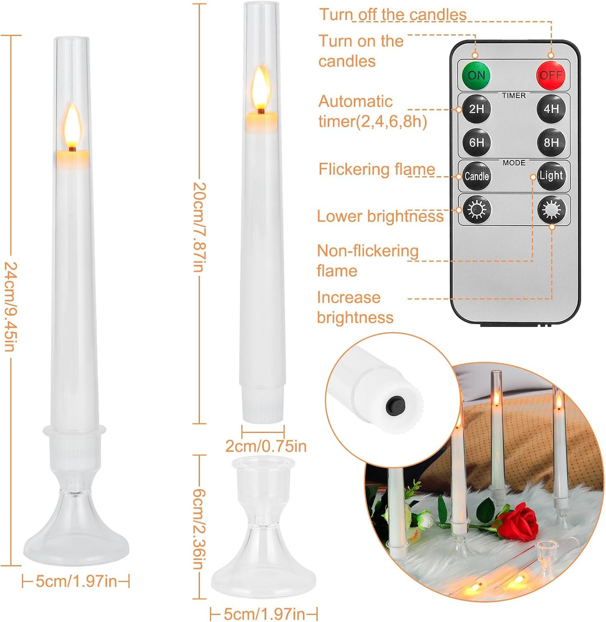 12PC Flameless Taper Candles - LED Candles, Flickering Design with Base, Perfect for Home, Windows，Decoration，Weddings, Parties (White)