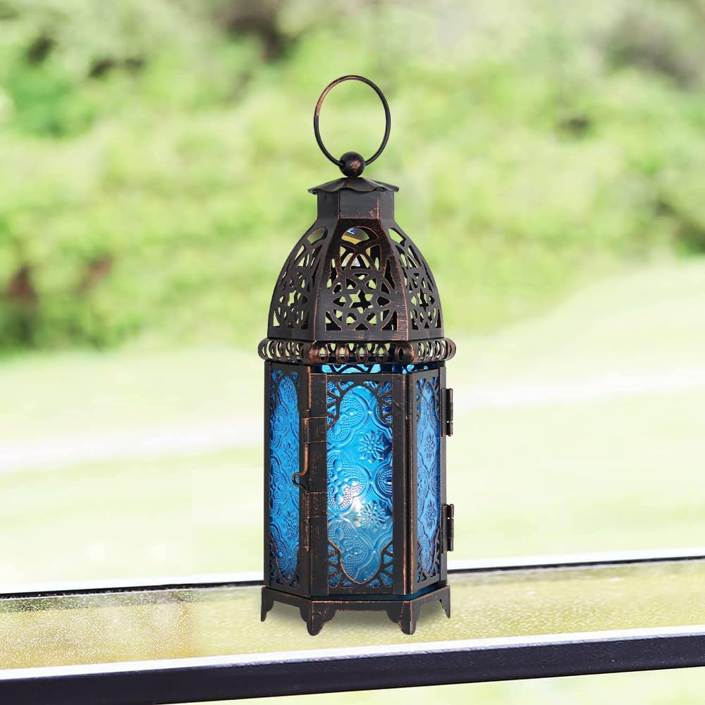 Christmas Lanterns Decorations Indoor & Outdoor, 11’’ Medium Size Vintage Metal Hanging&Tabletop Candle Holder Decor, Halloween Ramadan Decorations for Home Porch Patio(Blue)
