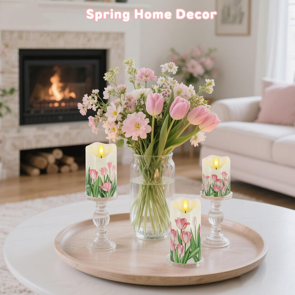 Tulip Flameless Candles Set of 3, Spring LED Candles with Remote & Timer | Flickering Real Wax Pillar Candles Battery Operated, Dimmable Electric LED Candles Light for Mother'S Day Spring Easter Decor