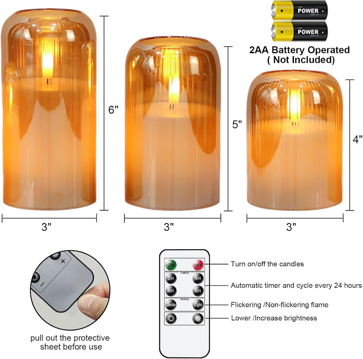 Striped Glass Flameless Candles Battery Operated with Remote Timer | Gray LED Flickering Pillar Candle, 3D Wick Long Lasting, Dinner Wedding Christmas Holiday Decor, 3"D X 4",5",6"H, 3 Pack