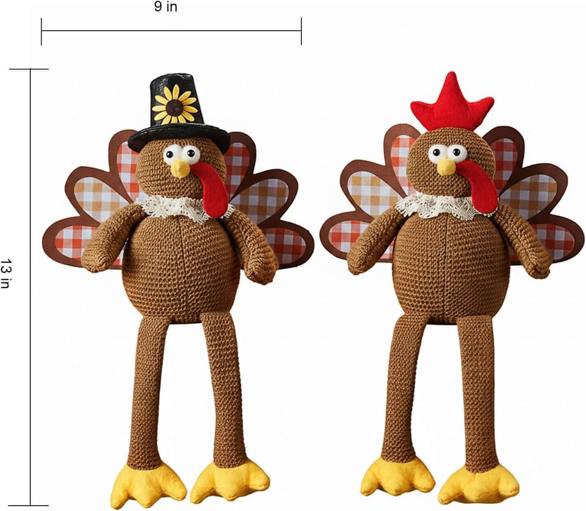 Christmas Decorations Set of 2 Turkeys with Dangling Legs, Turkey Couple Doll Plush Kit Tabletop Centerpieces for Fall Harvest Home Decor Kitchen Shelf (Brown)