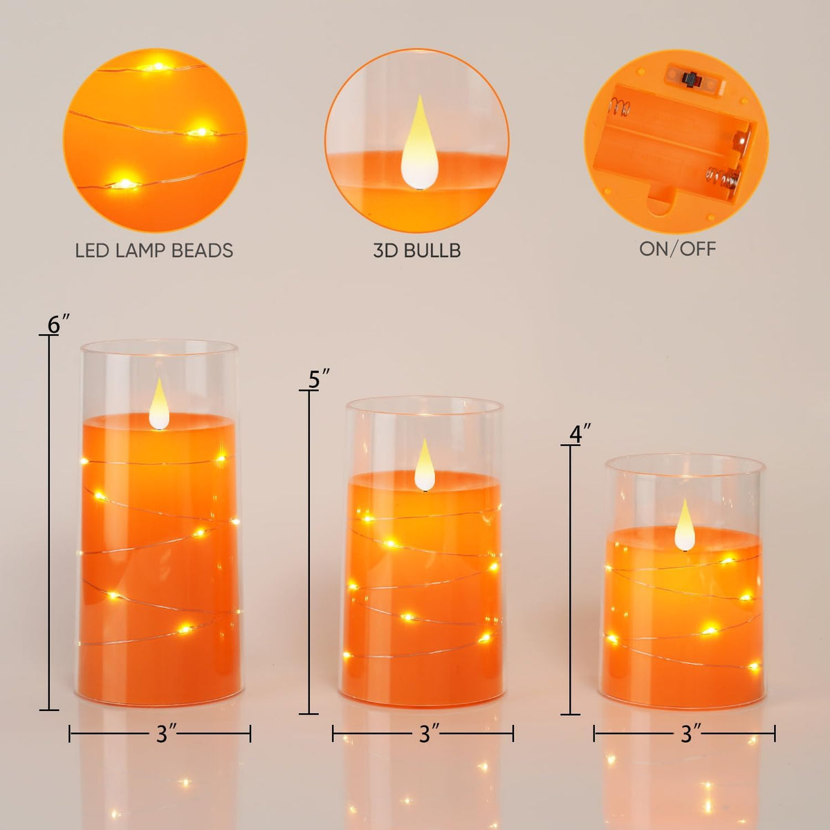 Halloween Orange Flameless Candles with String Lights, Battery Operated LED Candles with Remote and Timer, Candles for Halloween Decoration, Fall, Harvest Festival