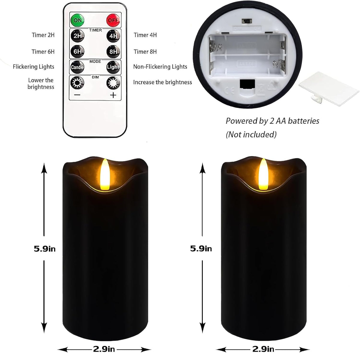 Black Flameless Candles Set of 2, Halloween Candles with Remote & Timer | 6"X3" Flickering Real Wax Pillar Candles Battery Operated, Electric LED Candles Light for Halloween Gothic Home Decor