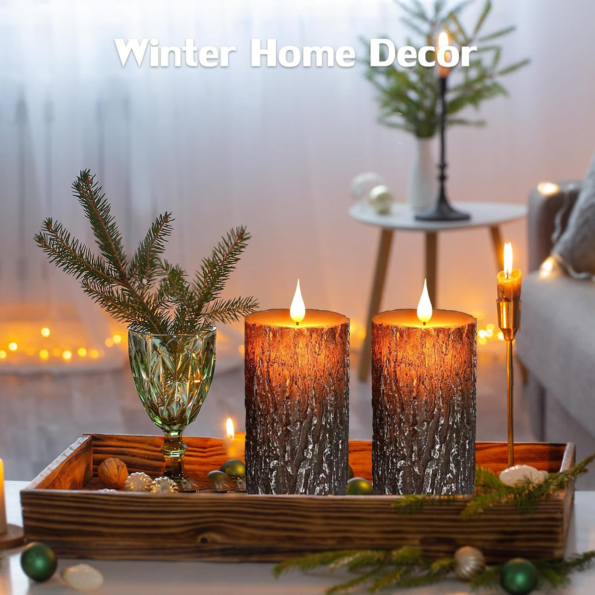 Pine Bark Flameless Candles Set of 2, Christmas Candles with Remote & Timer | 6"X3" Flickering Real Wax Pillar Candles Battery Operated, Electric LED Candles Light for Rustic Home Christmas Decor