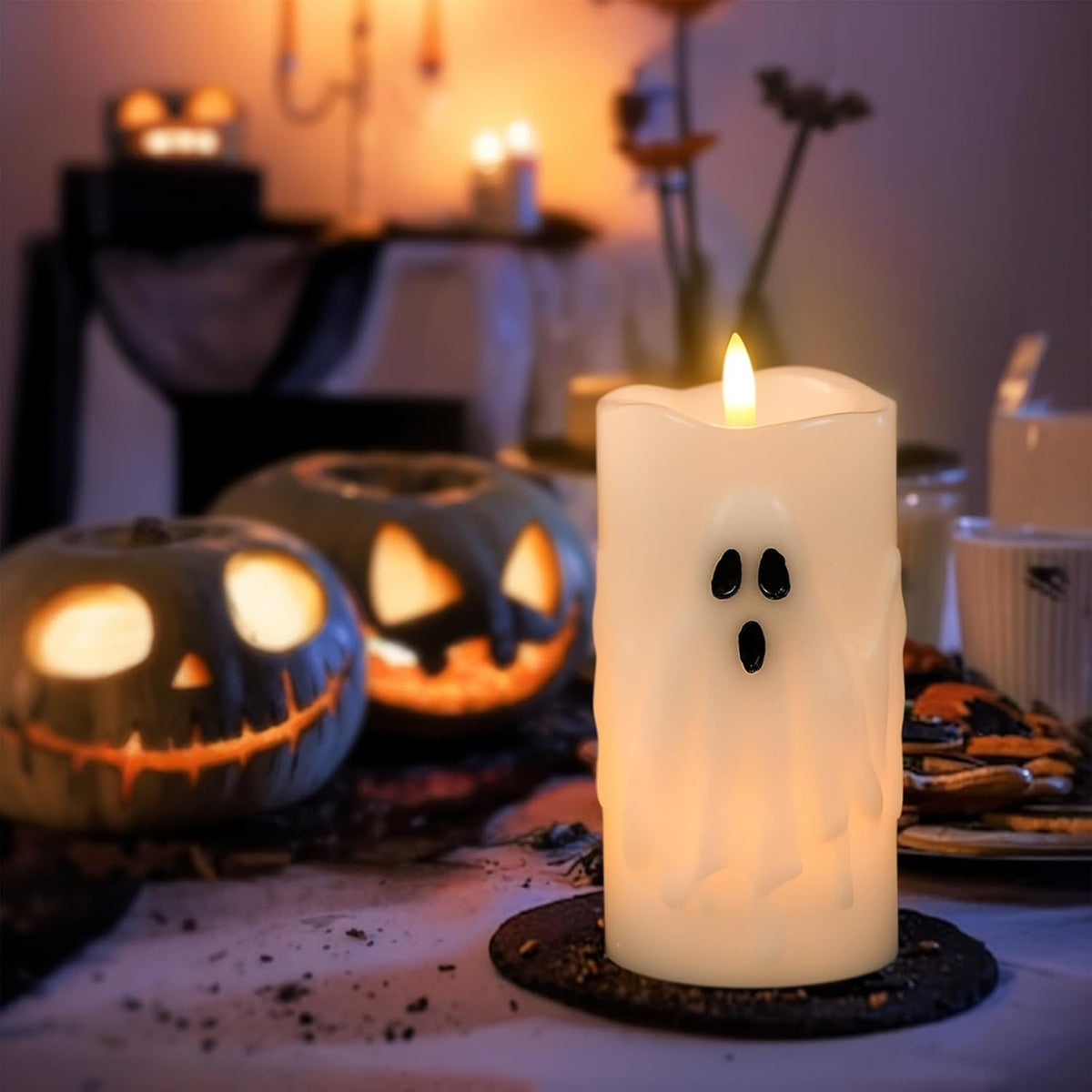 Halloween Ghost Flameless LED Pillar Candles with Remote Timer | Realistic 3D Wick Flickering, Real Wax Ghost Relief Long Lasting, Cute Spooky Halloween Indoor Decor, 3"D X 6.5"H, 2 Pack