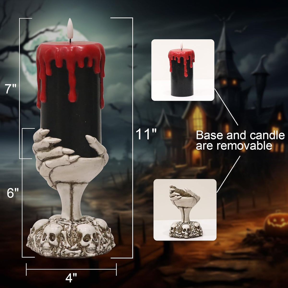 Black Flameless Pillar Candle Battery Operated with 6 Hour Timer | 3D Wick Flickering LED Candles, Blood Dripping Wax, Skeleton Hand Holder, Halloween Indoor Table Decor, 4"D X 11"H