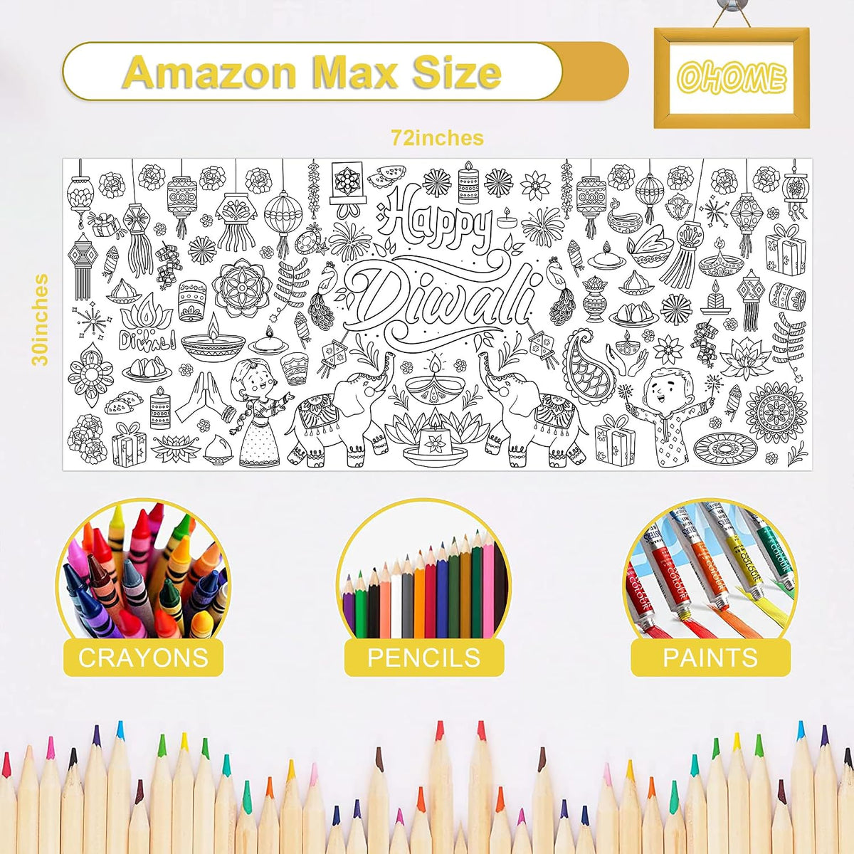 Diwali Giant Coloring Poster/Tablecloth - Diwali Decorations for Home - 30 X 72 Inches Jumbo Coloring Banner Kids Crafts Activities Decor Party Decorations | Diwali Gifts
