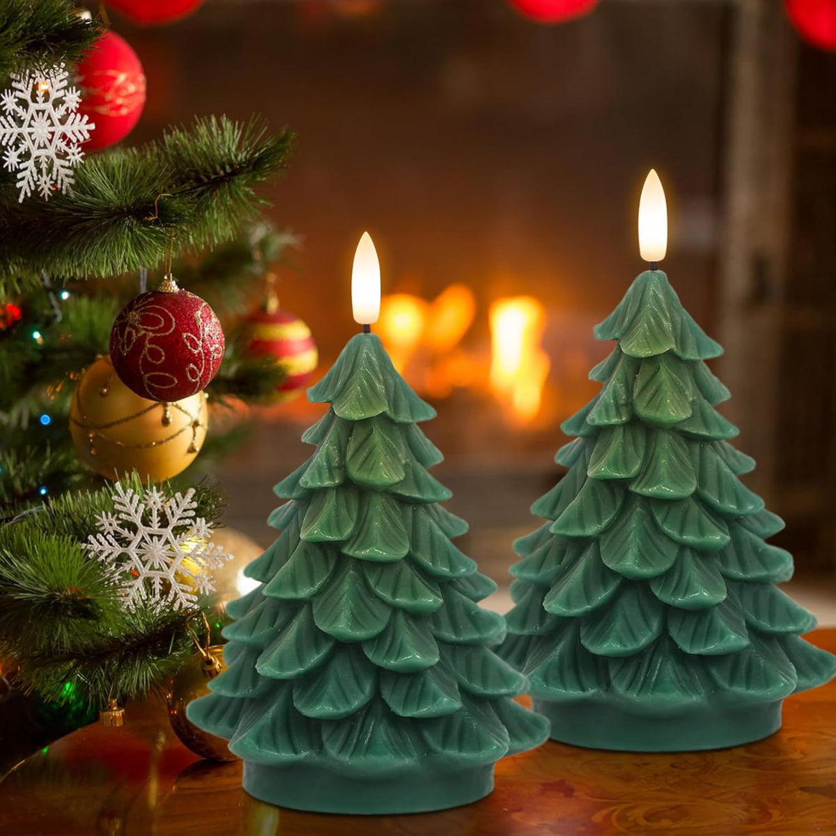 Christmas Tree Flameless Candles Battery Operated with 6H Timer | Real Wax Lifelike Leaves 3D Wick Flickering, LED Pillar Candle Long Lasting, Winter Holiday Indoor Decor, 2.76"X 5.9", 2 Pack