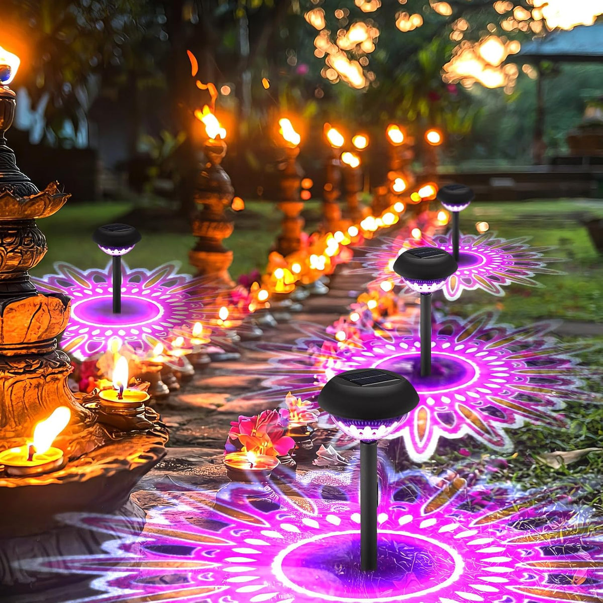 4 Pack Diwali Lotus Decoration Solar Pathway Lights Led Waterproof Lotus Lights Diwali Projector Lamp Outdoor for Garden Yard Patio Decor Indian Temples Pooja Gifts