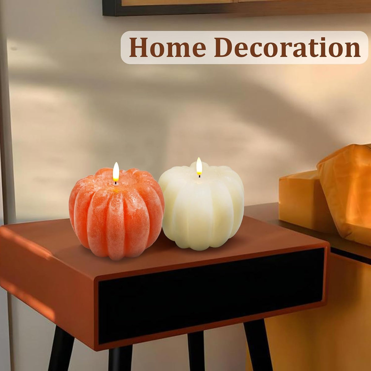 Fall Decorations for Home, Flameless Pumpkin Candle, Orange, White, 2Pack | Fall Decor for Thanksgiving, Halloween, Farmhouse, Table, Room, Kitchen, Wax, Remote, Timer, Battery Operated, 5.3"D, 5.1"H