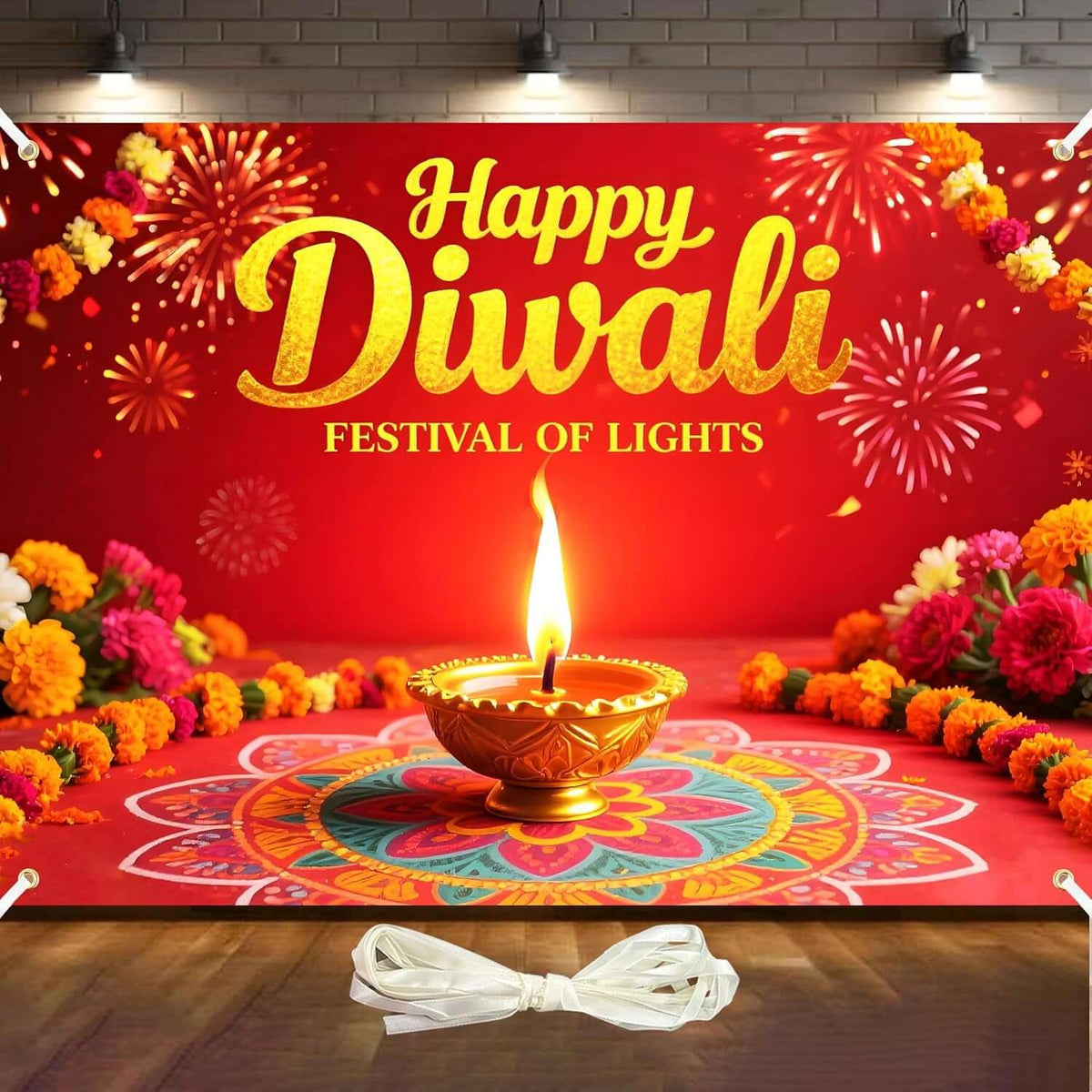 Diwali Backdrop Decorations 7X5Ft Happy Diwali Banner Deepavali Festival of Lights Diyas for Home Party Supplies Photography Background Indoor Outdoor With19.68Ft Ribbon