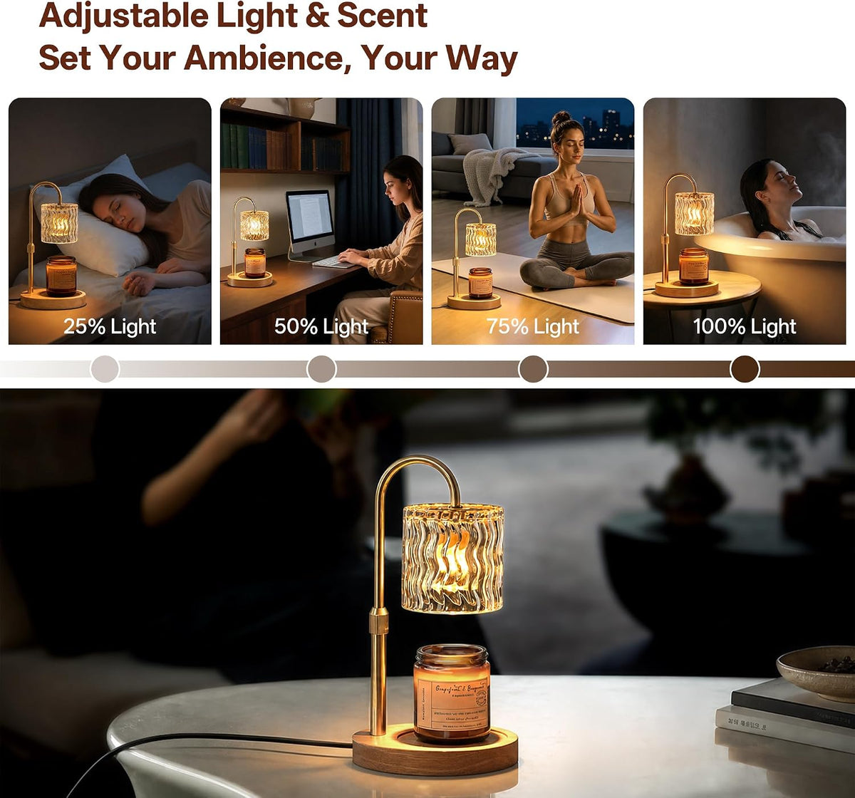 Decorative Ripple Glass Candle Warmer Lamp, Dimmable | Gold Warmer Lamp with Timer Adjustable Height, Flameless Cozy Warmer Home Décor for Bedroom, Bathroom, Tea Room, Rest Room