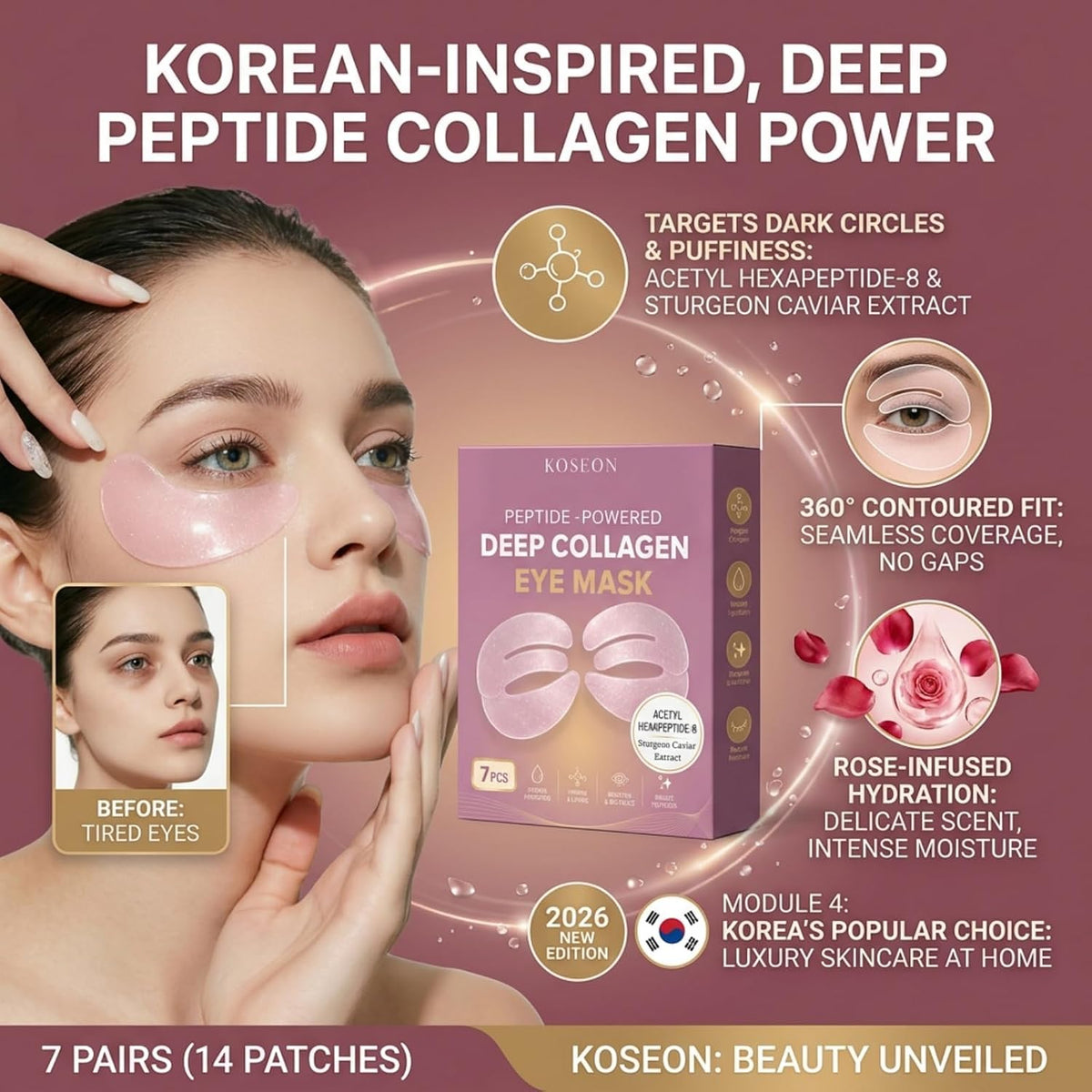 Collagen Eye Mask, 2026 New 7 PCS Peptide-Powered Deep Collagen Eye Mask, Eye Mask with Collagen Peptide, under Eye Patches 360° Fit, Eye Patches for Puffy Eyes and Dark Circles
