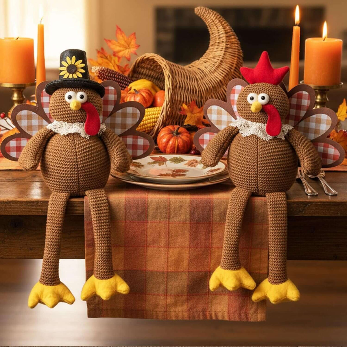 Christmas Decorations Set of 2 Turkeys with Dangling Legs, Turkey Couple Doll Plush Kit Tabletop Centerpieces for Fall Harvest Home Decor Kitchen Shelf (Brown)