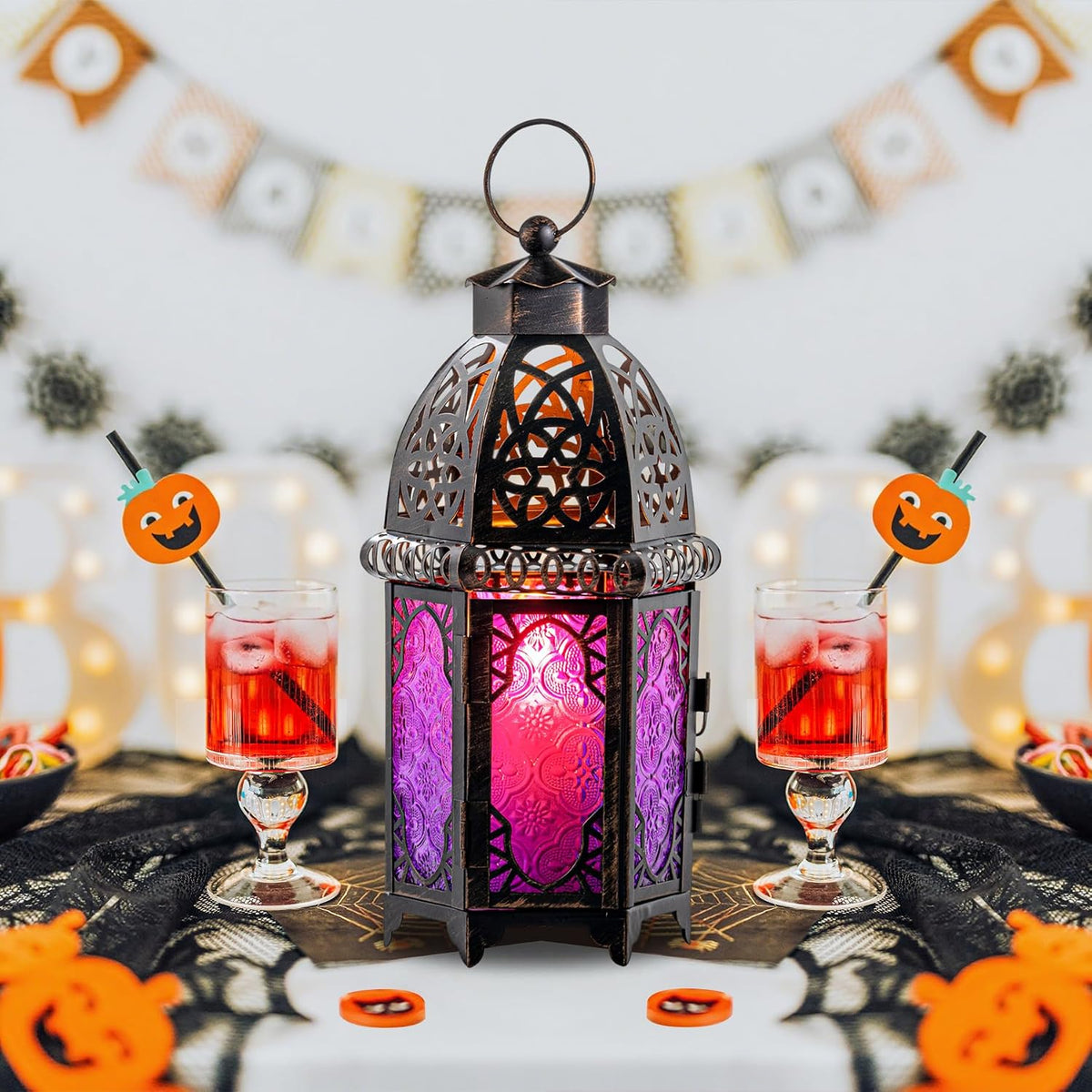 Halloween Decorations Indoor, Purple Decorative Candle Lantern for Moroccan Light Decor, 12.8’’ Vintage Metal Hanging&Tabletop Lantern, Ramadan Lantern for Home Outdoor Patio(Purple)