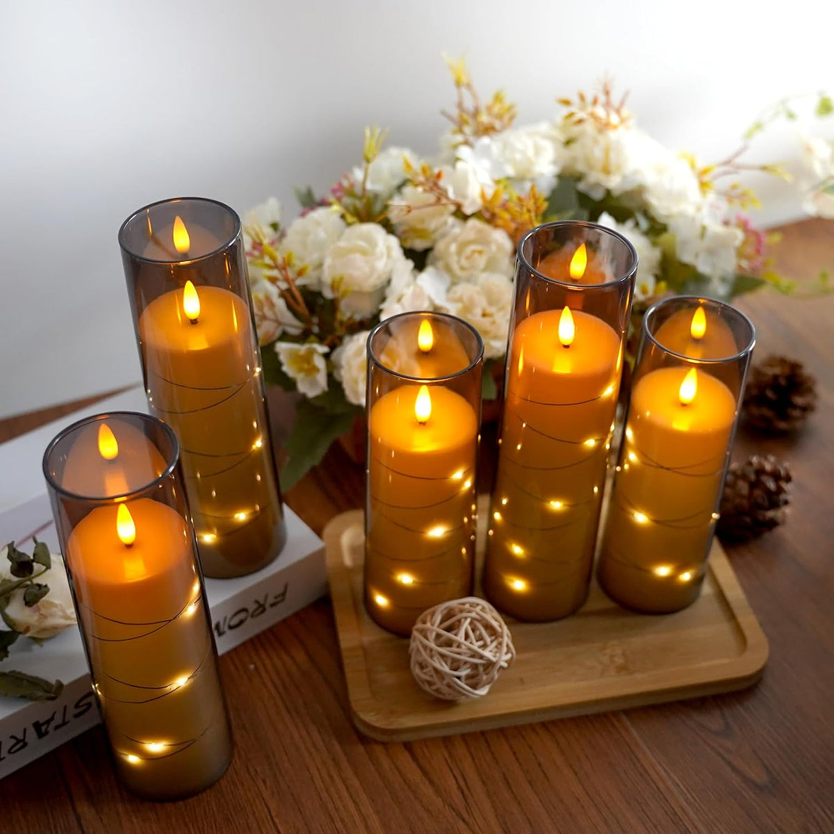 Flameless Candles,With Embedded Star String, Battery Operated Candles Flickering LED Pillar Candles with Remote Control and Timer, Home Decoration Add a Warm and Romantic Atmosphere，Set of 7 (Grey)