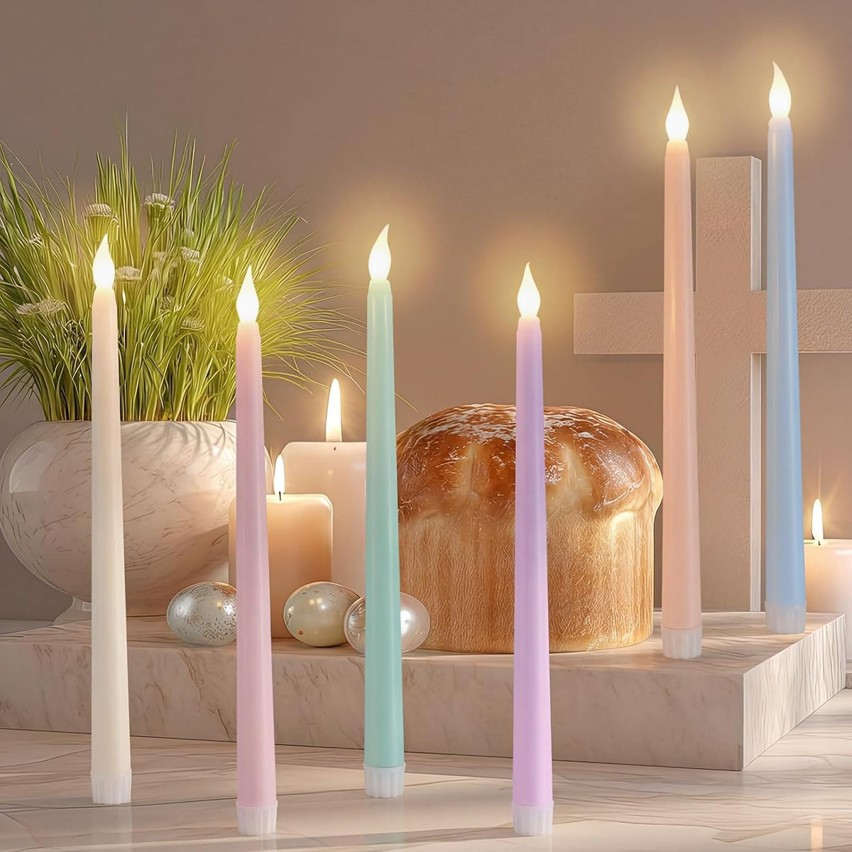 6 Pcs Easter Flameless Taper Candles 10.8 Inch Pastel Candles Battery Operated LED Candlesticks for Easter Dinner Table Home Party Decor