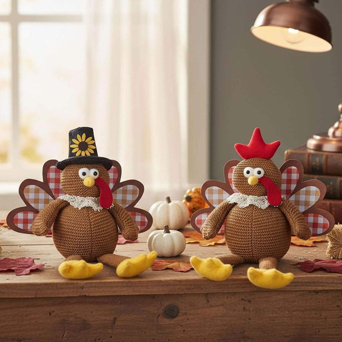 Christmas Decorations Set of 2 Turkeys with Dangling Legs, Turkey Couple Doll Plush Kit Tabletop Centerpieces for Fall Harvest Home Decor Kitchen Shelf (Brown)