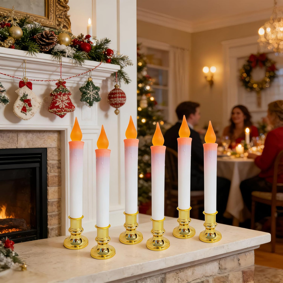 6 Pack 9" Gold Base LED Candle Lights with Dusk to Dawn Sensor, Battery Powered Flameless Candles for Indoor Table Party Decor