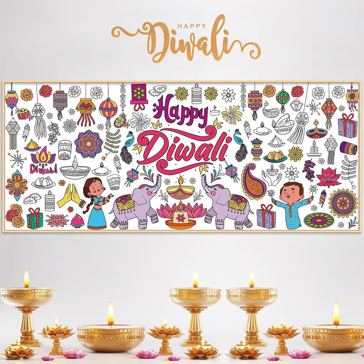Diwali Giant Coloring Poster/Tablecloth - Diwali Decorations for Home - 30 X 72 Inches Jumbo Coloring Banner Kids Crafts Activities Decor Party Decorations | Diwali Gifts