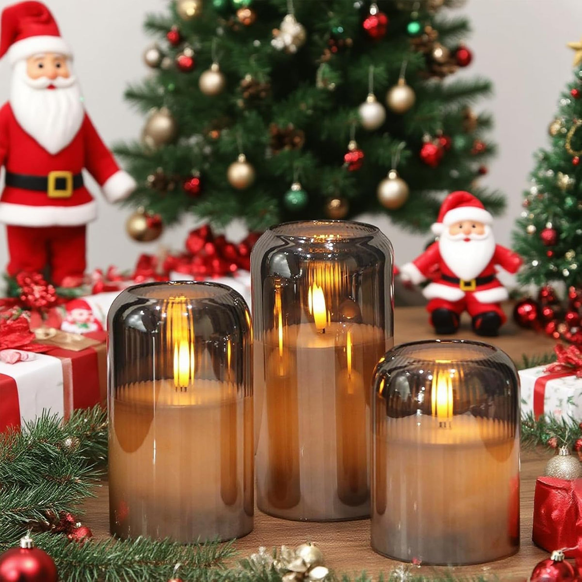 Striped Glass Flameless Candles Battery Operated with Remote Timer | Gold LED Flickering Pillar Candle, 3D Wick Long Lasting, Dinner Wedding Christmas Holiday Decor, 3"D X 4",5",6"H, 3 Pack