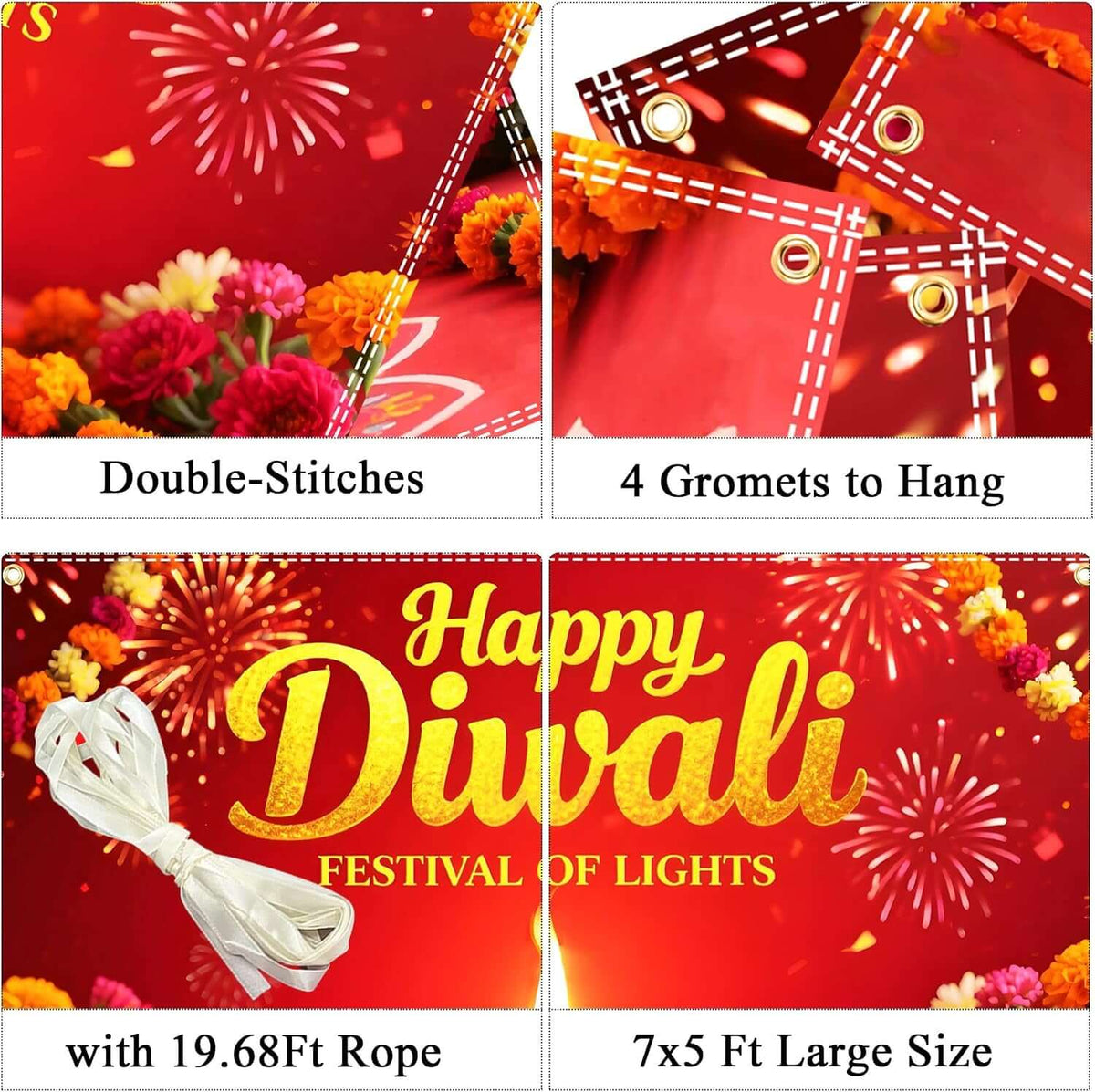 Diwali Backdrop Decorations 7X5Ft Happy Diwali Banner Deepavali Festival of Lights Diyas for Home Party Supplies Photography Background Indoor Outdoor With19.68Ft Ribbon