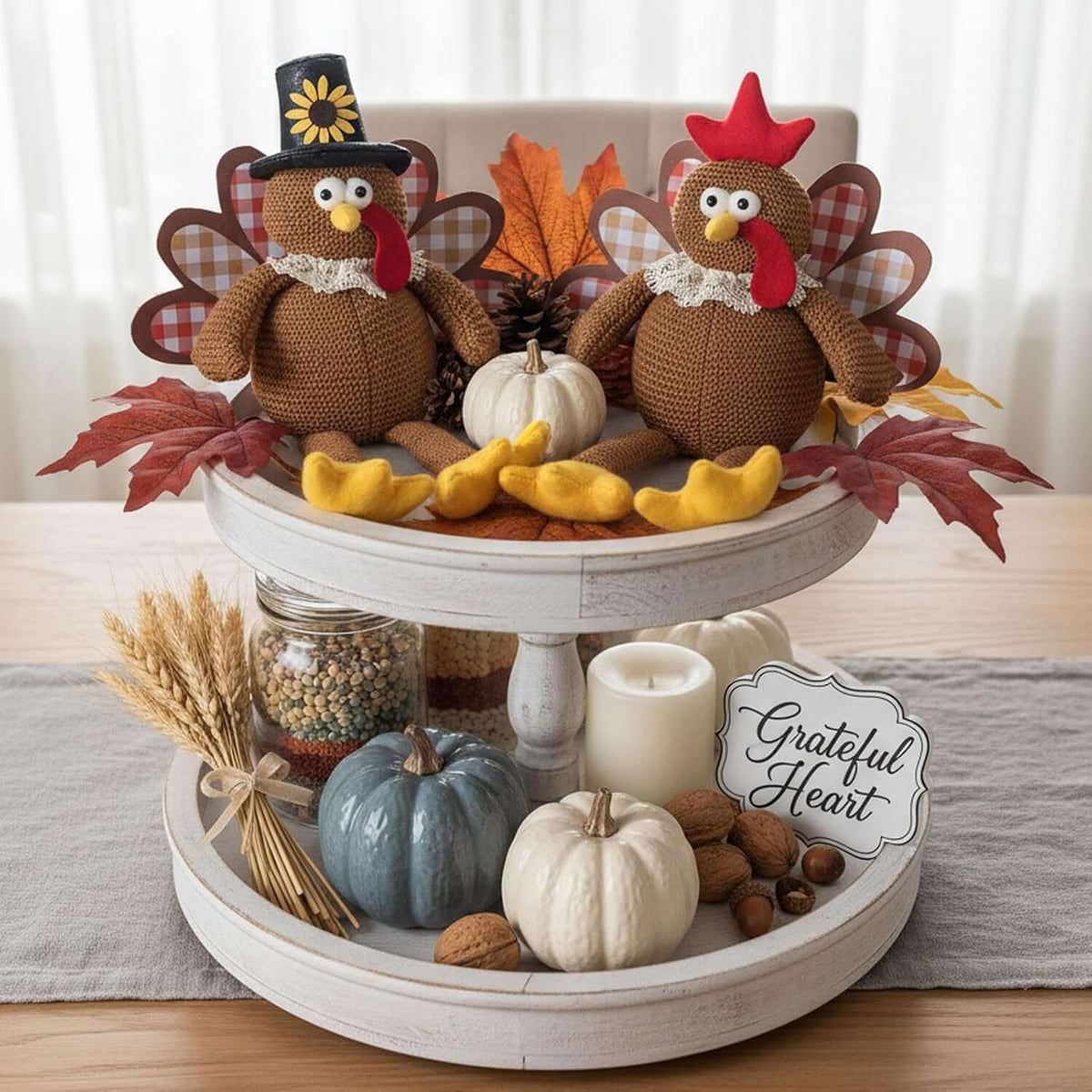 Christmas Decorations Set of 2 Turkeys with Dangling Legs, Turkey Couple Doll Plush Kit Tabletop Centerpieces for Fall Harvest Home Decor Kitchen Shelf (Brown)