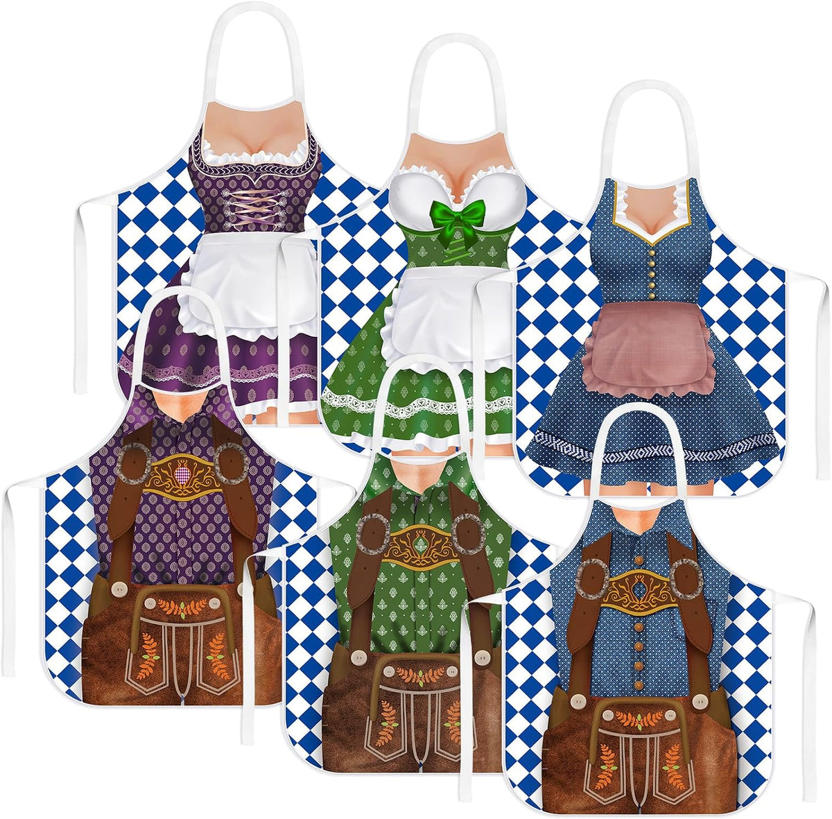 6 Pcs Oktoberfest Apron Couples German Apron Oktoberfest Party Costume for Cooking BBQ Baking Chef Kitchen Gifts(Adult,Bright)
