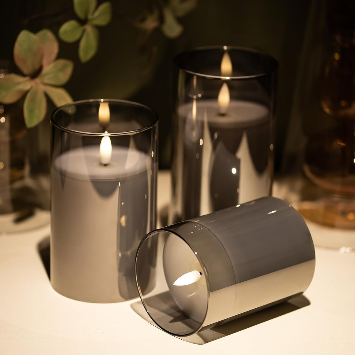 Flameless Candles Battery Operated Candles LED Pillar Grey Glass Candles | 10-Key Control with Remote and Timers for Indoor Party, Wedding,Tabletop Halloween Decorations, H 4" 5" 6", Set of 3