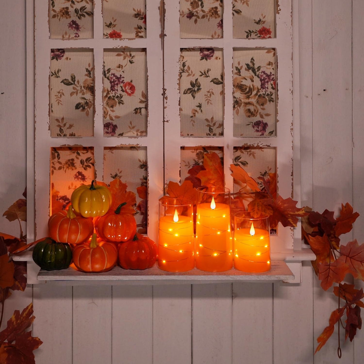 Halloween Orange Flameless Candles with String Lights, Battery Operated LED Candles with Remote and Timer, Candles for Halloween Decoration, Fall, Harvest Festival