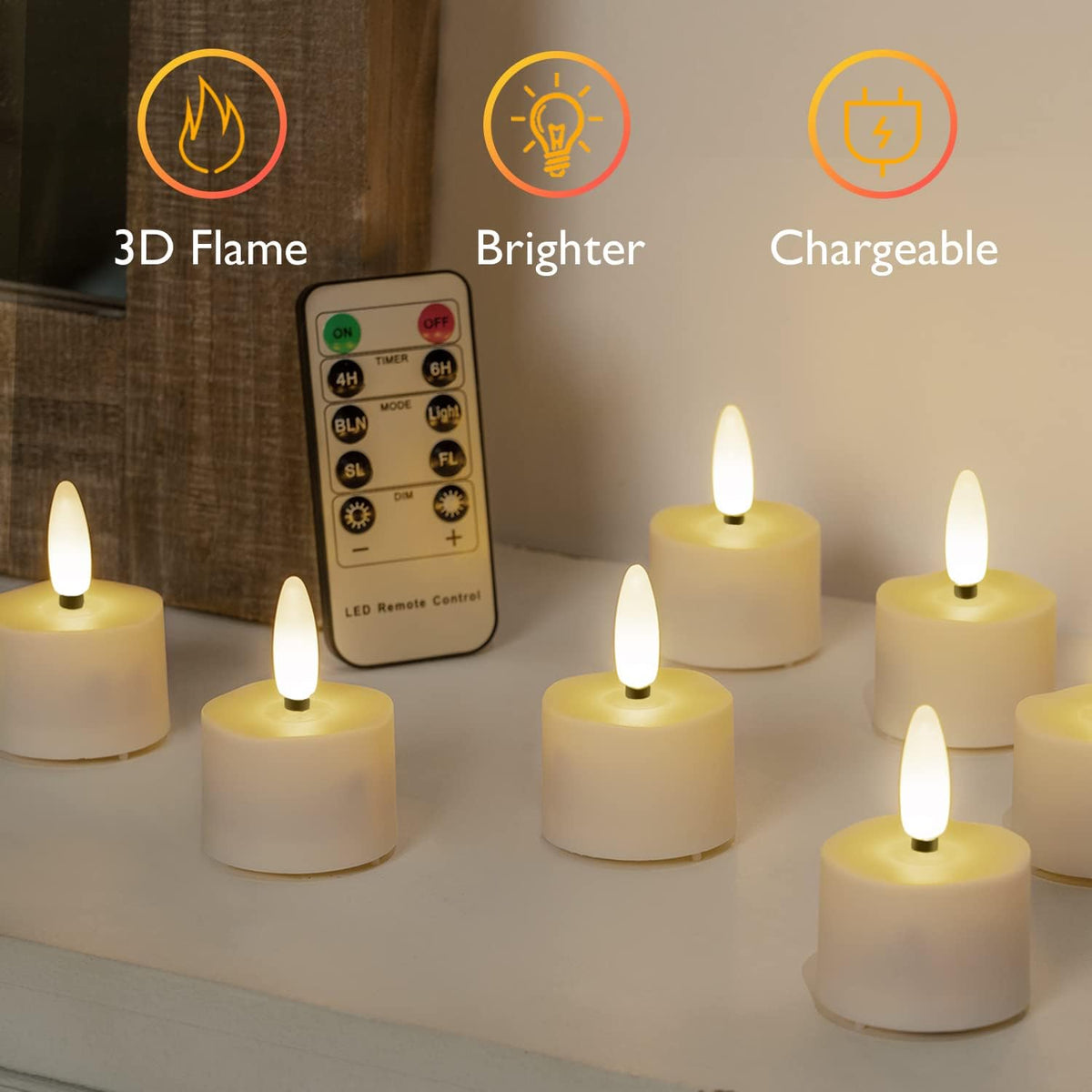 6-Pack Rechargeable Tea Lights Candles with Remote, 4H/6H Timer | Flameless Flickering Battery Operated LED Tealights, Recharge All 6 Together, for Pumpkins, Luminarias and Centerpieces