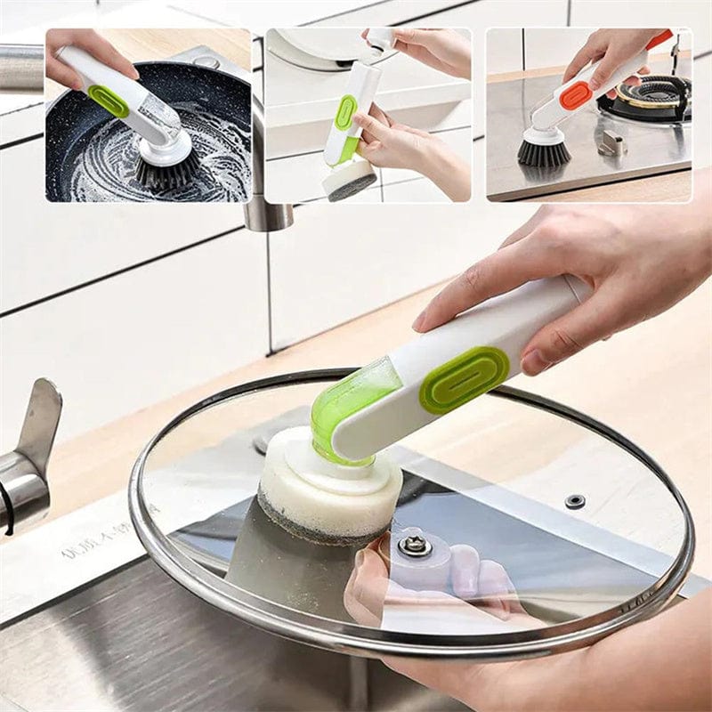 Long-Handle Dish Cleaning Brush with Liquid Dispenser – Multi-Functional Washing Up Brush with 2 Replacement Heads
