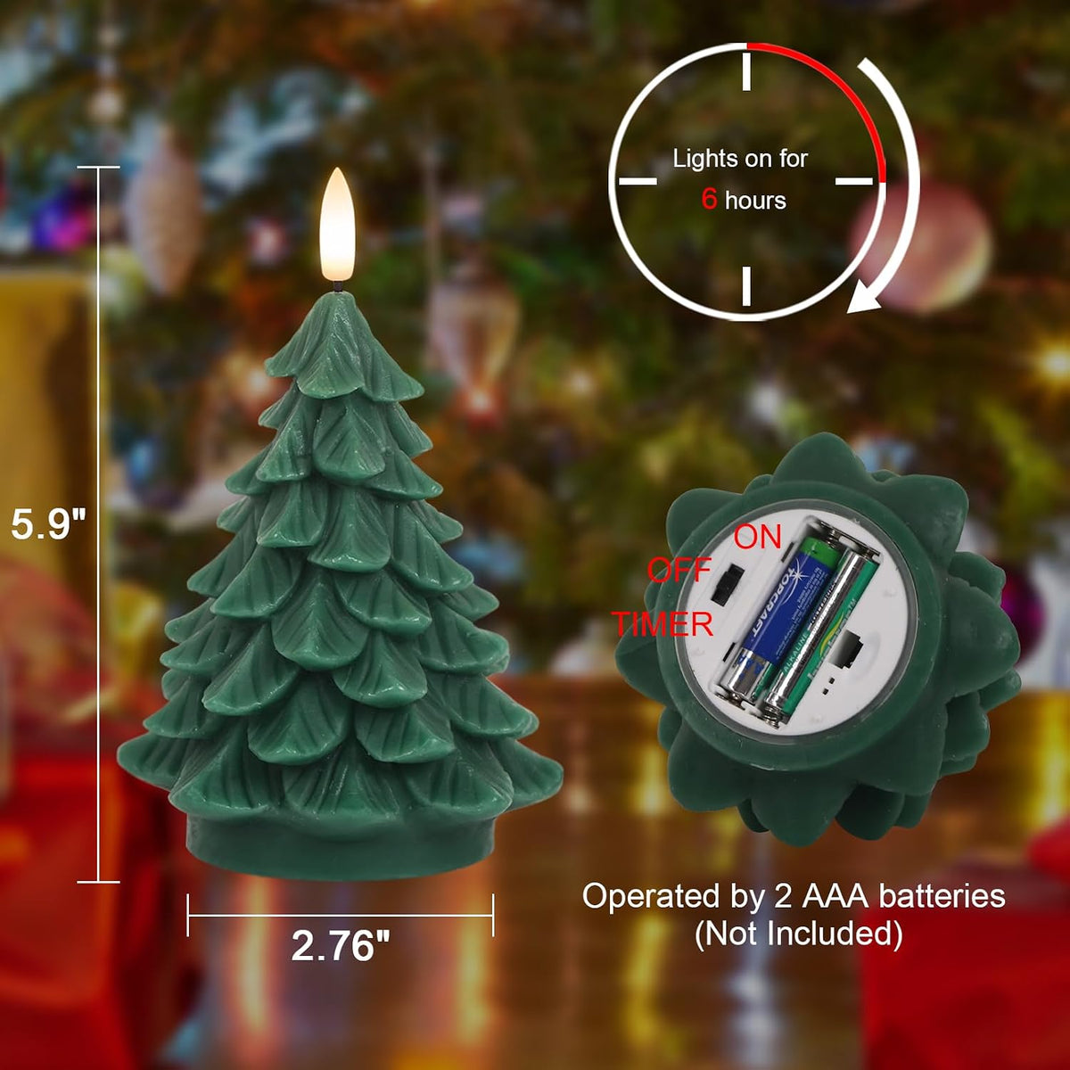 Christmas Tree Flameless Candles Battery Operated with 6H Timer | Real Wax Lifelike Leaves 3D Wick Flickering, LED Pillar Candle Long Lasting, Winter Holiday Indoor Decor, 2.76"X 5.9", 2 Pack