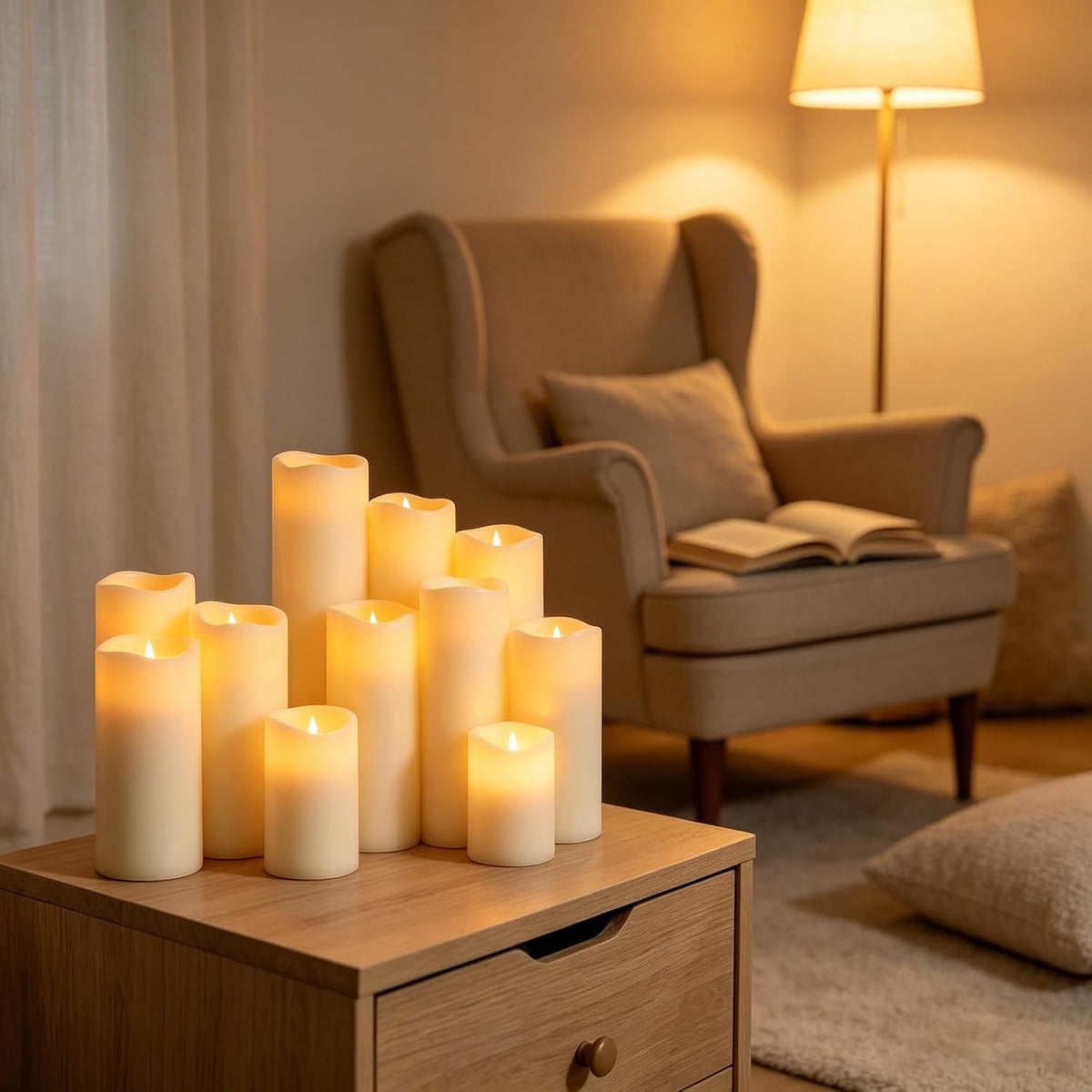 Flameless Candles LED Pillar Candles ，Battery Operated Candles Wich Remote and Timer, Real Wax,Set of 9