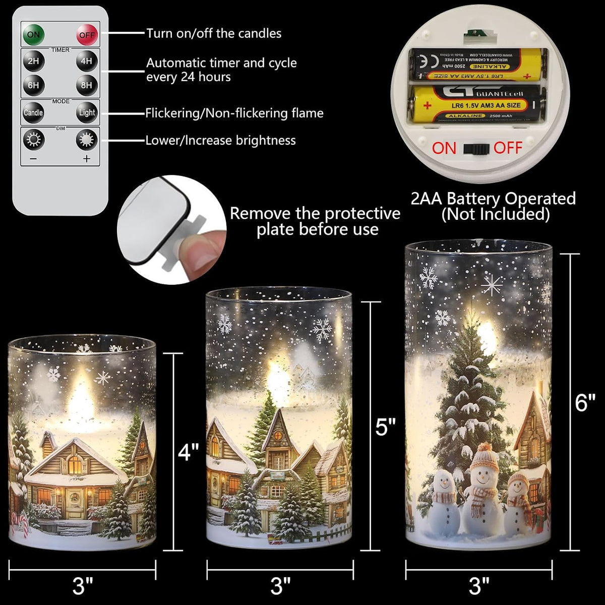 Snowman House Glass Flameless Candle Battery Operated Remote Timer | LED Flickering Pillar Long Lasting, Real Wax Cold White Light, Dinner Window Christmas Holiday Decor, 3"Dx 4",5",6"H, 3 Pack