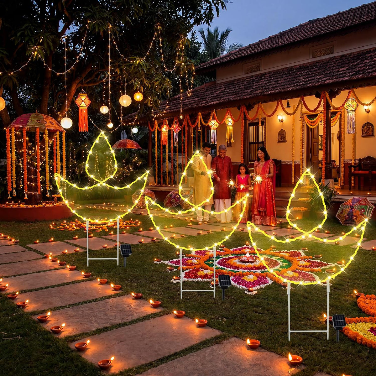 3 Pcs Indian Diwali Diya Solar Lights Outdoor 12.7 Inch Diwali Diya Lighted Yard Stakes Waterproof Solar Lamps for Hindu Deepavali Party Decorations 6–8 Hour Runtime