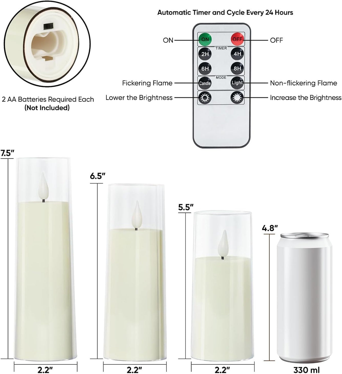 Ivory Flameless Candles with Remote, Battery Operated Candles with Timer, Acrylic Plexiglass Flickering LED Fake Candle for Wedding, Holiday, Home Decor, Set of 9, D2.2 X H5 6" 7" | Pure White Acrylic Candles with Remote Timer, 3D Wick Flickering Glow, Yellow & Blue Light, D2.2"X5.5/6.5/7.5" for Home Decor
