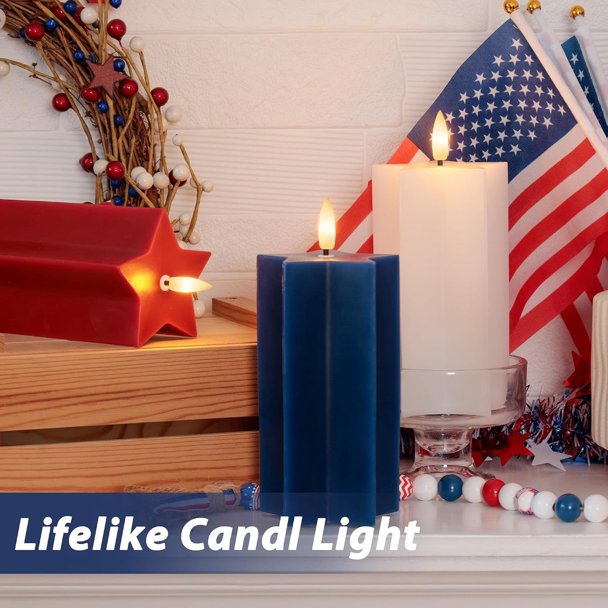 4Th of July Flameless Candles with Remote, Red White and Blue LED Candles | Battery Operated Patriotic Decorative Candles, Star Shaped, Real Wax, for Independence Day Home Party Decor, Set of 3